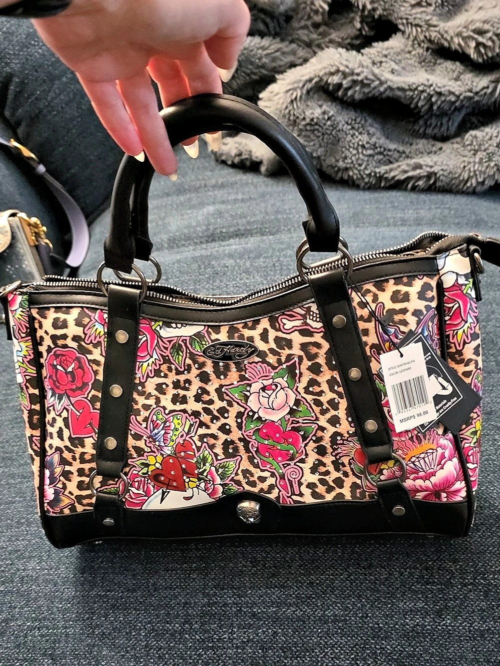 Ed Hardy Leopard Tattoo Satchel Handbag Tote Pink & Black NWT